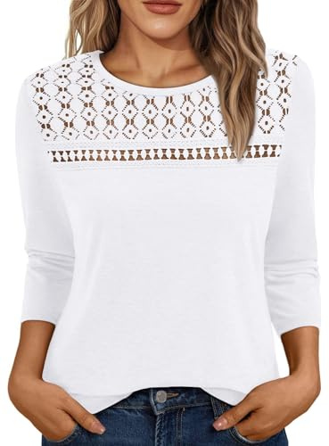 Arevill Womens Lace Tops 3/4 Sleeve Lightweight Cotton T-Shirt White