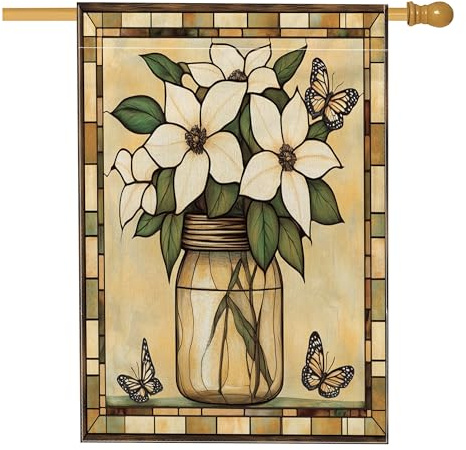 Spring Clematis Vorhof Hinterhof Sackleinen Haus Flaggen 28 x 40 cm doppelseitig für den Außenbereich, Blumen Blatt Buntglas Home Flaggen, Floral Home Veranda Flagge