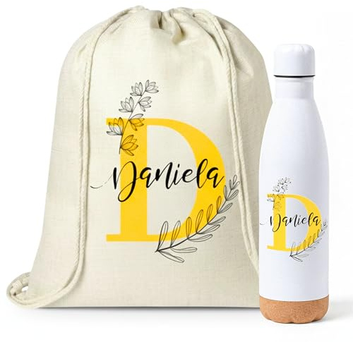 Gifters | Pack sac à dos cordons et bouteille isotherme personnalisés avec initiale | Sac enfant avec prénom et lettre initiale + bouteille en acier inoxydable 750 ml | Crèche, école et excursions
