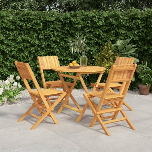Owoxanthellate 5-TLG. Teakholz Gartentisch klappbar mit 4 Stühlen, 85 cm runder Tisch, wetterfestes Massivholz-Set, modernes Latten-Design für Balkon Terrasse Garten