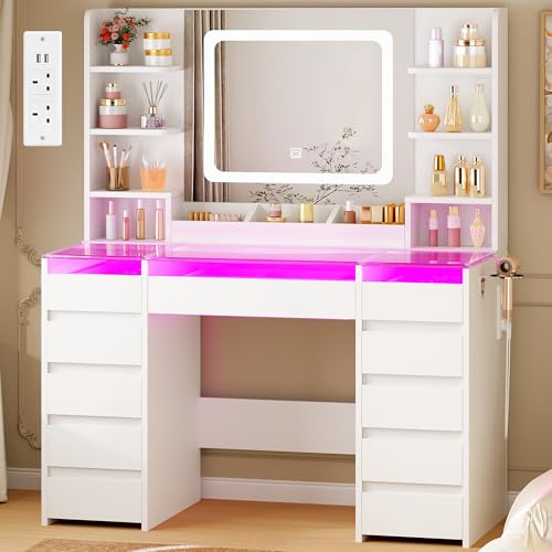 YUNSCEND Dressing Table with Mirror and RGB Light, Transparent Glass Top | Makeup Desk with Power Outlet, Modern Vanity Desk with 11 Drawers and 6 Shelves, Vanity Table for Bedroom White YXFST001W