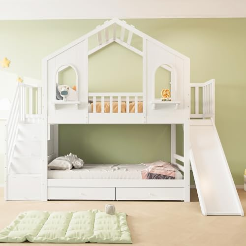luckdect Lit cabane 90x200 avec Toboggan, Lit Superposé 90x200 Cm avec Toitet et Fenêtre, 2 tiroirs, Lit Mezzanine avec échelle de Rangement, Cadre en Bois,lit superposé 2 Places, lit Double