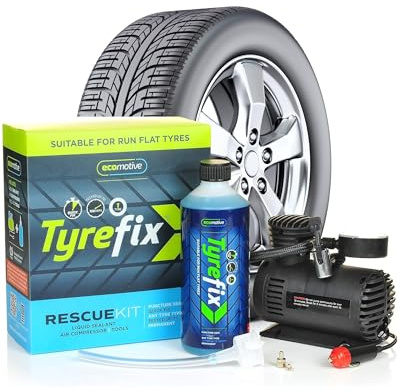 Puncture Repair Kit with Air Compressor - Eco-Motive Tyrefix Tyre Repair Kit – Permanent Puncture Protection for Tubed, Tubeless & Run-Flat Tyres – Compatible with Cars, SUVs, Vans - 550 ml