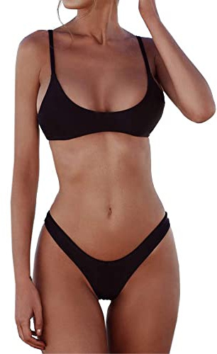 SherryDC Women's Solid Scoop Neck Push Up Padded Brazilian Thong Bikini Swimsuit,Black,(US 2-4) S