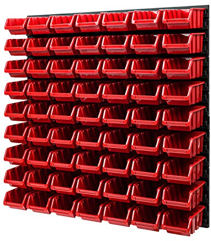 PAFEN Wandregal Stapelboxen Lagersystem - 772 x 780 mm – 63 Stück Boxen Werkstatt Schüttenregal Werkzeuglochwand (Rot)