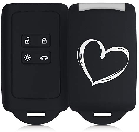 kwmobile Accessoire clé de Voiture Compatible avec Renault Smart Key 4-Bouton (Keyless Go Uniquement) - Coque en Silicone Souple avec Embout Porte-Clé - cœur Peint Blanc-Noir