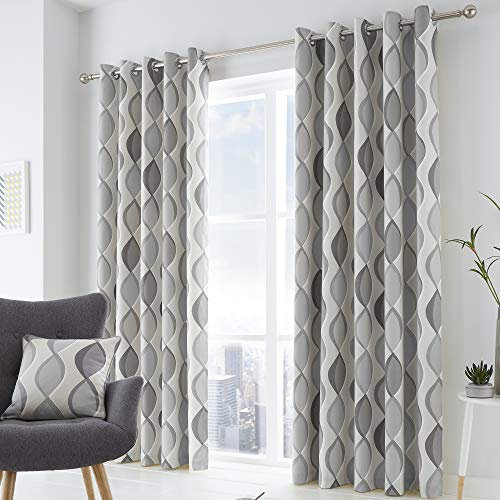 Fusion Lennox 100% Cotton Eyelet Lined Curtains, Grey/Grey, 46 x 54 Inch