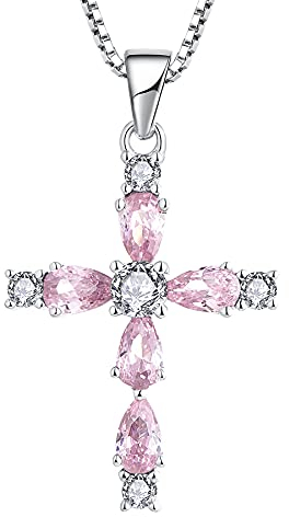 YL Kreuz Kette 925 Sterling Silber Oktober Geburtsstein Rosa Zirkonia Kruzifix Anhänger Geschenke für Damen Mama, 45-48 CM