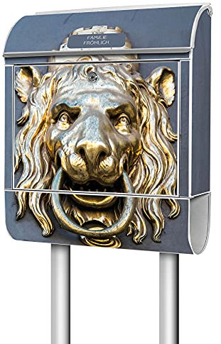 banjado® Briefkasten mit Standfuß personalisierbar Motiv Türklopfer Löwe - Stand Briefkasten mit Zeitungsfach pulverbeschichtet aus Stahl weiß - Postkasten A4 Einwurf inkl. 2 Schlüssel