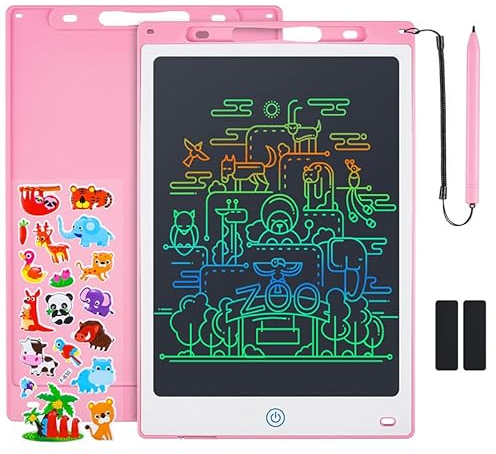 Coolzon Colourful LCD Writing Tablet Kids, 12 Inch Erasable Writing Tablet with Lock Function Kids Drawing Pad for Painting Drawing and Memo Lists,Free Animal Cartoon Stickers,Pink
