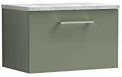 nuie ARN822LBG Arno Modern Bathroom Wall Hung 1 Drawer Vanity Unit with Laminate Worktop, 600mm, Satin Green/Bellato Grey