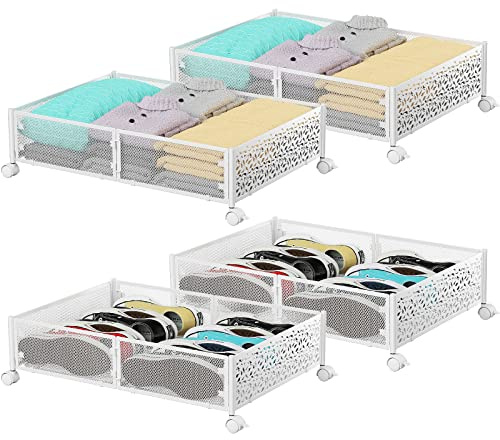 PHINOX Caja de Almacenaje Bajo Cama con Ruedas, Metálica, 4 Piezas, Blanca | Montaje sin herramientas, deslizamiento suave, fácil acceso, plegable, para camas bajas-mantiene la ropa, los zapatos frescos