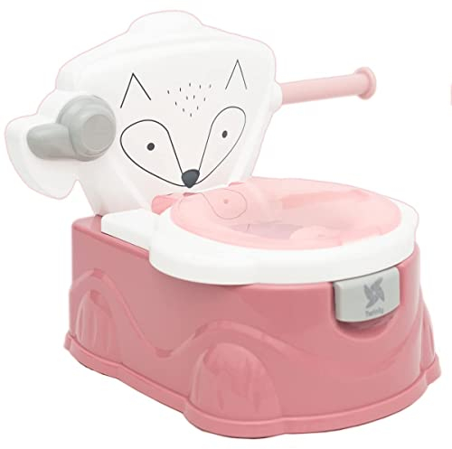 Twinly Foxy Pot bébé pour apprendre à aller à la salle de bain - WC enfant avec réducteur de toilette - Avec porte-rouleaux en papier et poignée de chaîne simulée - Gobelet intérieur amovible (rosa)