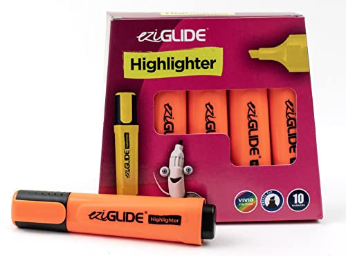 Eziglide 10-Pack Orange Highlighter Set – Chisel Tip Markers (1-4.5mm) for Precise & Clear Marking – Quick-Dry, Smudge-Free Ink, Perfect for Highlighting, Studying & Colouring at Work, & Home Use