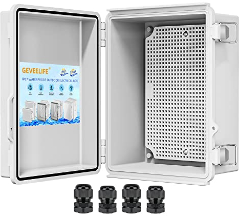 Waterproof Junction Box ABS Plastic, Outdoor Electrical Box IP67 Hinged Cover Project Box with Mounting Plate Wall Brackets and 2 Cable Glands, Grey Electrical Enclosure 8.7x6.7x4.3