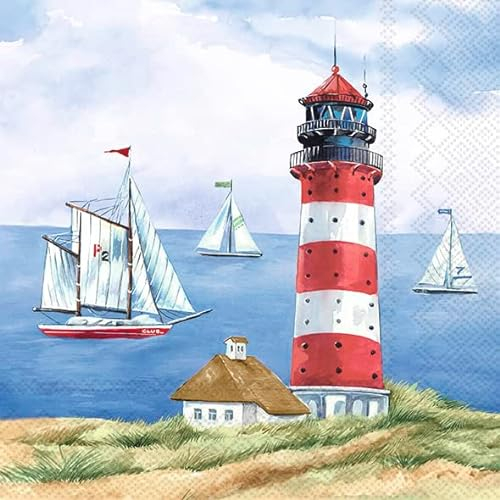 20 Servietten Leuchtturm überragt das Meer | Maritim | Segelboot | Sommer | Tischdeko | Decoupage | Serviettentechnik 33x33cm