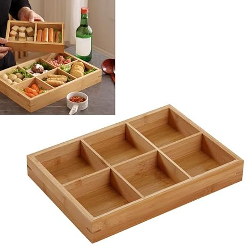 Wooden Serving Tray Multi Compartments Eco-Friendly Divided Wooden Tray for Sushi Platter (6 Compartments)