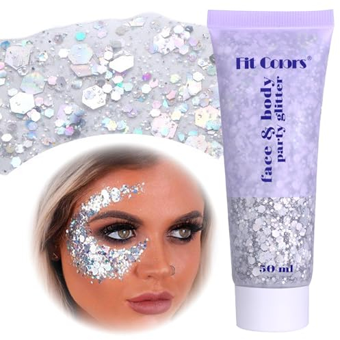 Body Glitter Gel, Festival Glitzer Gesicht, 50ml Glitter Liquid Gel, Körperglitzer Festival Zubehör Glitter für Make Up Cosmetic Festival Party, DIY, Nägel, Lippen (Silber)
