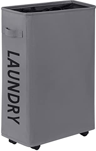 Wowlive Cesto portabiancheria pieghevole, design sottile e salvaspazio, impermeabile, con ruote, 44 l, grigio