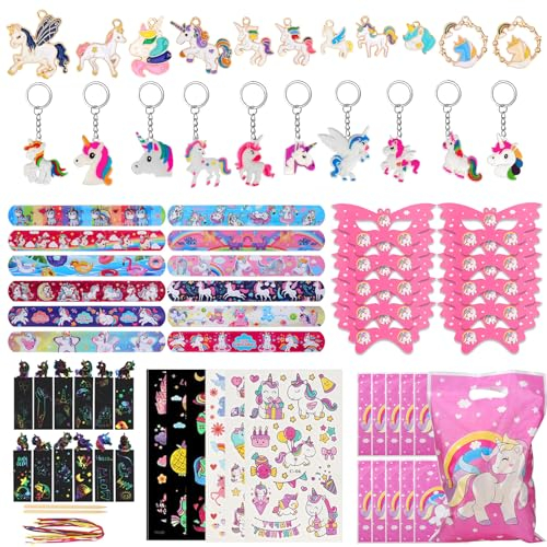 GOTFUN 72 Stück Einhorn Deko Kindergeburtstag, Einhorn Geschenke für Mädchen, Einhorn Mitgebsel Kinderparty Partytüten Schlüsselanhänger Armbänder Tattoo für 3-12 Jahre Kinder Gastgeschenke