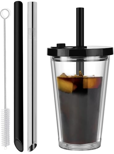 ALINK 16 Oz Iced Coffee Tumbler,Reusable Cup Leak Proof and Double Wall Insulated Bubble Tea Cups with Reusable Plastic and Metal Straws(Black)