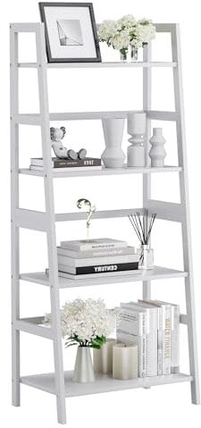 HITNET Leiterregal Weiß, Bücherregal mit 4 Ebenen, Freistehendes Standregal Offenes Badezimmer Regal Stehend für Bad Küche Wohnzimmer, Platzsparend
