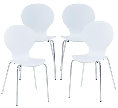 [en.casa] Esszimmerstühle 4er Set Etne Stühle für Esszimmer Küchenstühle Stapelstuhl Holz Metallbeine 85 x 48 x 50 cm Lehnstuhl Weiß/Chromfarben