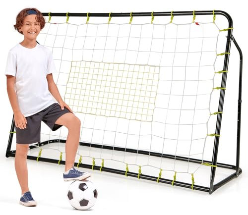 GYMAX 2-in-1 Fußball-Trainingsgerät, Fußballtor höhenverstellbar 187x102-122,5cm, Winkel Einstellbarer Fußball Rebounder mit Metallrahmen, 2 Netzen & 4 Erdspieße, für Kinder ab 6 Jahren (Schwarz)
