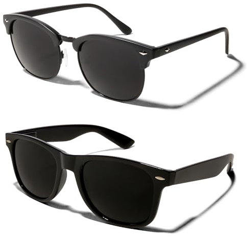 ShadyVEU Super Dark Black Sunglasses UV Protection Lens Spring Hinge 80s Vintage Retro Inspired Shades, 2-pack (1 Black Black & 1 Glossy Black), M