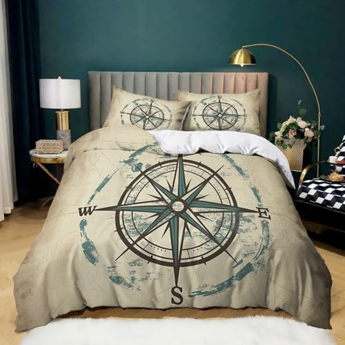 Housse de Couette Rose des Vents Vintage, 220 x 240 cm Parure de Lit avec 2 Taies d'oreiller 65 x 65 cm, Style Nautique Beige et Bleu Simple Confortable Housse de Couette
