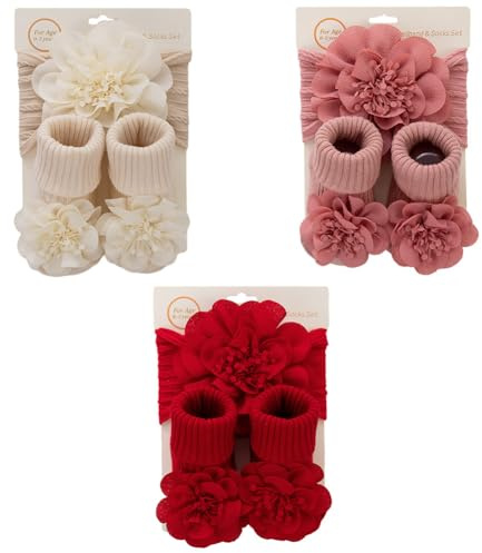 LICHENGTAI Fascia Capelli Neonata in Chiffon + Calzini da Neonato con Fiocco in Pizzo, Cerchietto Floreale per Bambine Copricapo Carino per Bambini Neonati, Bambina