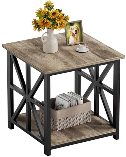 GreenForest End Table with 2-Tier Storage Shelf, 60cm Large Side Table for Living Room,Modern Nightstand for Bedroom Bedside Office Farmhouse, Grey Wash