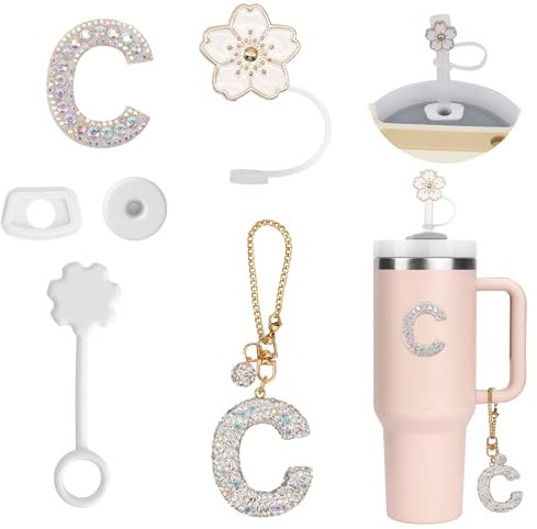 6PCS Personalized Tumbler Accessories for Stanley Cup, Straw Cover Cap, Initials Decorations, Letter Stickers, Letter Charms for Tumbler, Straw Cover Cap and Leak Stopper for Stanley Cup(C)