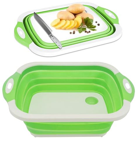Collapsible Washing up Bowl with Foldable Chopping Board - Multifunctional Wash Basin for Drainage & Washing Vegetables - Space Saving Collapsible Bowl for Camping 6L (Green)
