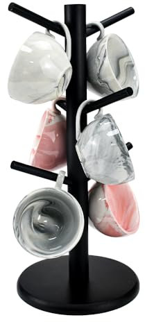 ADERTOS Tassenständer Becherhalter Holz Tassenhalter Tassenbaum Baumbecherhalter Kaffeebecher Baum Abnehmbar Coffee Mug Stand Runder Boden Kaffeetassenständer mit 6 Haken für Kaffeetassen Becher