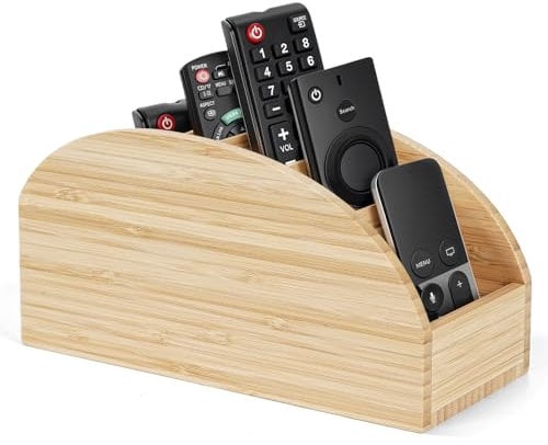 molshine Bamboo Remote Control Holder with 5 Compartments,Office Organization Storage Caddy Box for Tv Remote,Heater Controllers,Media Player,Office Supplies,Makeup Brush (Bamboo)