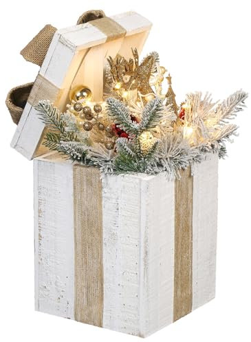 Taylor & Brown Light Up White Wooden Gift Box Christmas Decoration Parcel Indoor Xmas Decorations for Tree with Battery Operated 20 Warm White LED Lights, Natural Ribbon