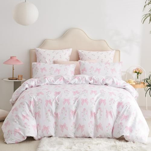 Freyamy Housse de Couette Fleurie 220x240+2 Taie d'oreiller 65x65cm Blanc Rose Coloré Floral Nœud Parure de lit 2 Personnes Fleurs Adulte Sets de Housse Couette en Microfibre avec Fermeture Éclair