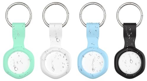 Air Tag Tracker with Waterproof Case-4 Pack White (4-color Silicon Case), Key Finder Works with Apple Find My(iOS only), Smart GPS Tag for Luggage, Bags, Pets-Replacement Battery, Bluetooth Locator