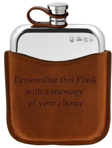 English Pewter Company 6oz Pewter Hip Flask with Luxury Brown Leather Pouch and Leather Cap. Personalsied with Free Engraving [LPLF01]