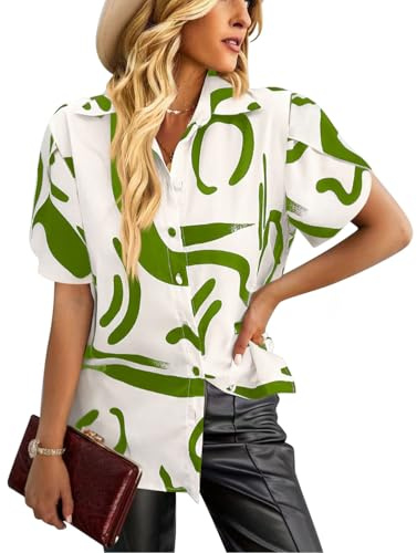 HUXRAKV Casual Imprimée Chemisier Femme Manches Courtes Chic et Élégante Chemisier Boutonnée Fluide Hauts à Revers Manches lanternes Tops,WD40-Vert 2,L