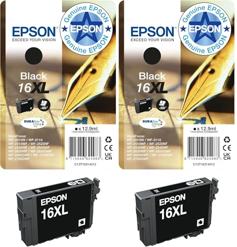 Epson 16XL Black Pen & Crossword High Yield Genuine, DURABrite Ultra Ink (Pack of 2)