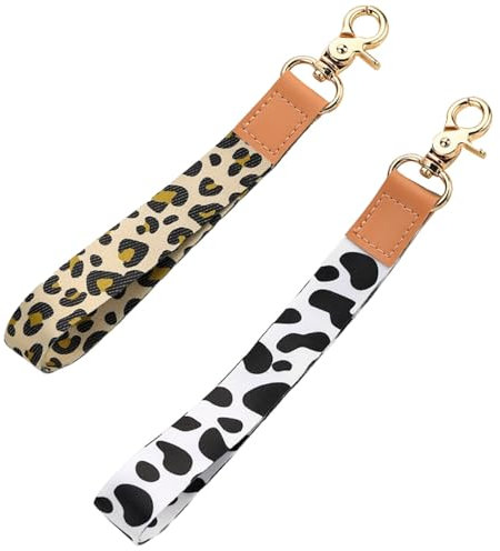 LEKAYIHU Lot de 2 cordons de poignet pour porte-clés, portefeuille, carte d'identité, téléphone portable, porte-clés de voiture pour homme et femme (imprimé vache et léopard)