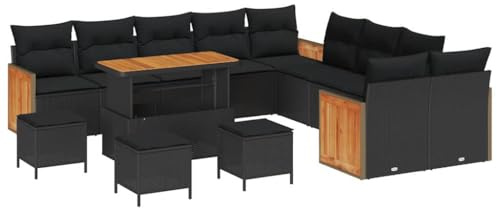vidaXL 4-Sitzer Outdoor-Sofa mit Kissen, Coole Gartenmöbel in Schwarz aus Poly-Rattan – perfekt für Terrassen und Balkone. Set für die Terrasse, Sitzgruppe aus Akazienholz, wetterfeste Couch.
