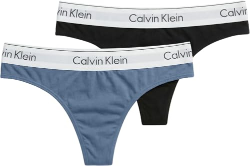 Calvin Klein Damen 2er Pack Strings mit Logobund, Mehrfarbig (Black/Blue Tulip), M