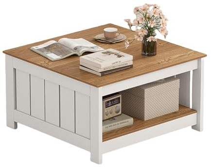 LIFEZEAL Tavolino Salotto, da Caffè, Divano, Tavolino Basso a 2 Ripiani, Tavolo Soggiorno, Coffee Table, in Legno, Rustico, Quadrato, Design Aperto, Salvaspazio, Max 160kg, 80x80x45cm, Naturale-Bianco