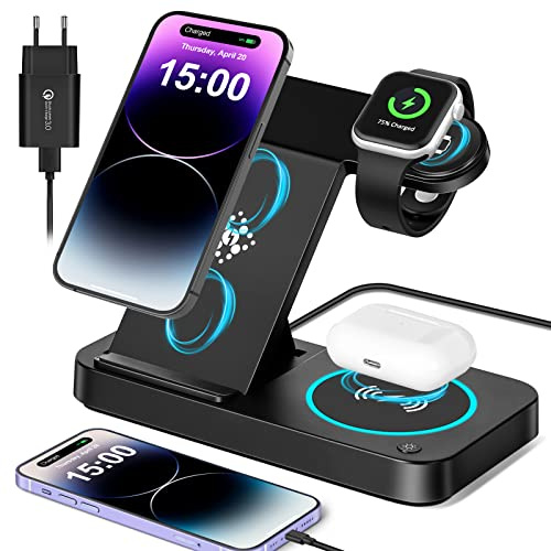ZOVHYYA Chargeur sans Fil 4 en 1 15W, Station de Charge Pliable | Recharge Simultanée Phone Watch Appareil USB, Format Compact, Adaptateur QC 3.0 et Câble USB-C Inclus