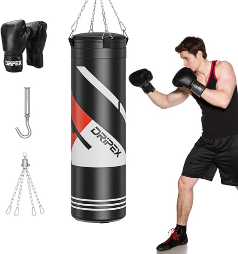 Dripex Hanging Punch Bag, 4ft Heavy Boxing Bag Set with Gloves | 360° Swivel Hanging Chains, For MMA Kickboxing Muay Thai Karate, Adults&Kids Home Gym Boxing Training, Prefilled or Unfilled