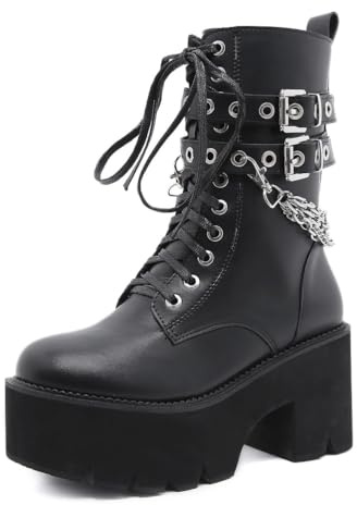 HFWXYSA Damen Winter Schwarz Gothic Punk Plateau Stiefel Goth Schnalle Zipper Creeper Wedges Mid Calf Schuhe,Schwarz,38 EU