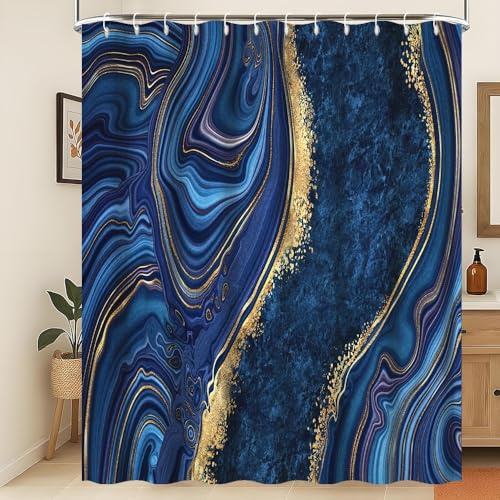 Xiaoterna Rideau de Douche en Tissu marbré Bleu Marine et doré Rideaux de Salle de Bain imperméables de Couleur Neutre Rideaux Modernes et Luxueux Résistants à la moisissure Décoration 180x180cm